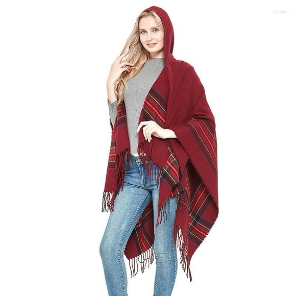 NWT The Paper Store Mia & Tess Justdo Ruana Red Holiday Plaid Trim Hood - Picture 5 of 13